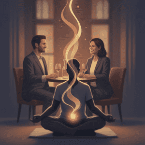 Illustration d’un article de blog sur le massage tantrique et le regard coquin d’un couple